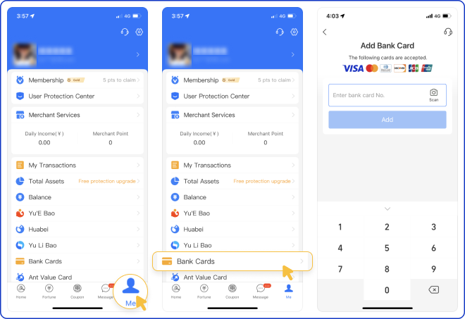 Alipay · 2 · Alipay: Me → Bank Cards → Add a bank card খুলুন। ইন্টারফেস আলাদা হলে Bank Cards বা Add Card খুঁজুন।