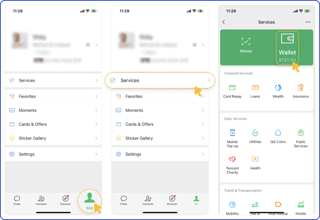 WeChat Pay · 2 · WeChat: Me → Services → Wallet → Cards → Add a Card খুলুন। না থাকলে অ্যাপের নির্দেশে Weixin Pay চালু করুন; কিছু সংস্করণে Me → Settings → General → Tools → Weixin Pay আছে।